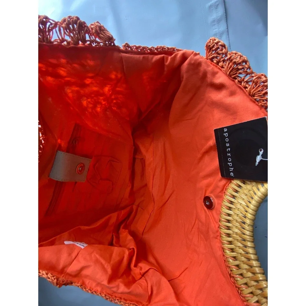 Straw Tote Bag Orange‎ Woven Bamboo Handles
